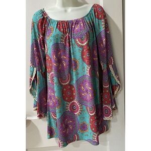 Honeyme Boho Paisley Peasant Blouse Flowy Bell Sleeve Top Multicolor Womens